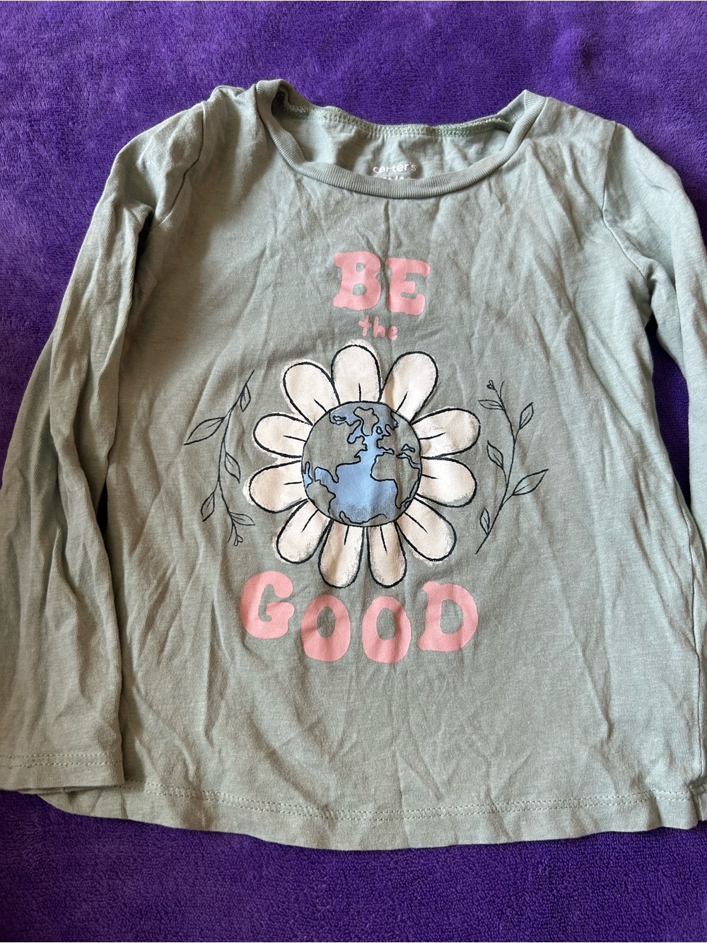 Carter's Green Long Sleeve Tee with Pink 'Be the Good' Daisy Earth Graphic